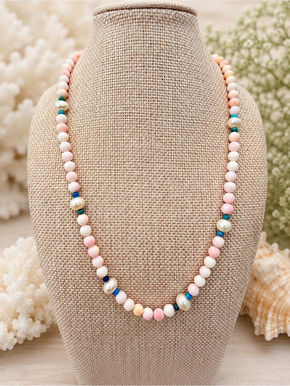 Queen Conch Genuine Pearl Turquoise  Beaded Necklace 18” Button Closure NWT AAA